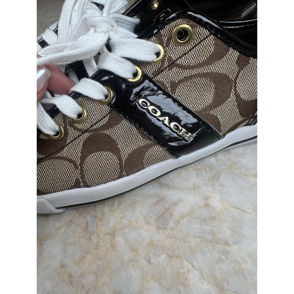 Coach Tan/ Brown Monogram Lace Up Sneakers Size 7 - Picture 2 of 7